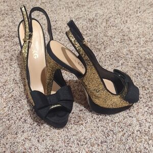 Women's Black and Gold Slingback Heels